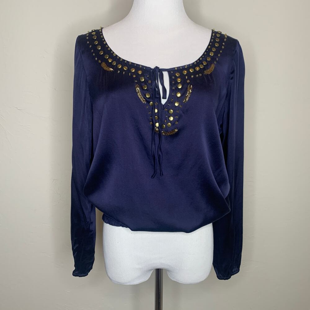 Cache Blue Silk Brass Studded Blouse Sz Medium